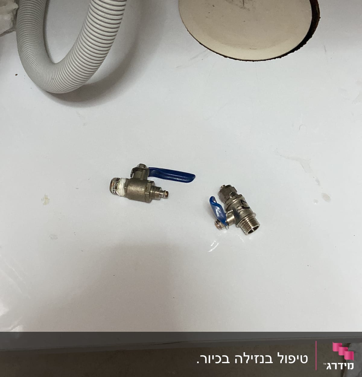 שני ברזים עם ידיות כחולות וצינור גמיש אפור